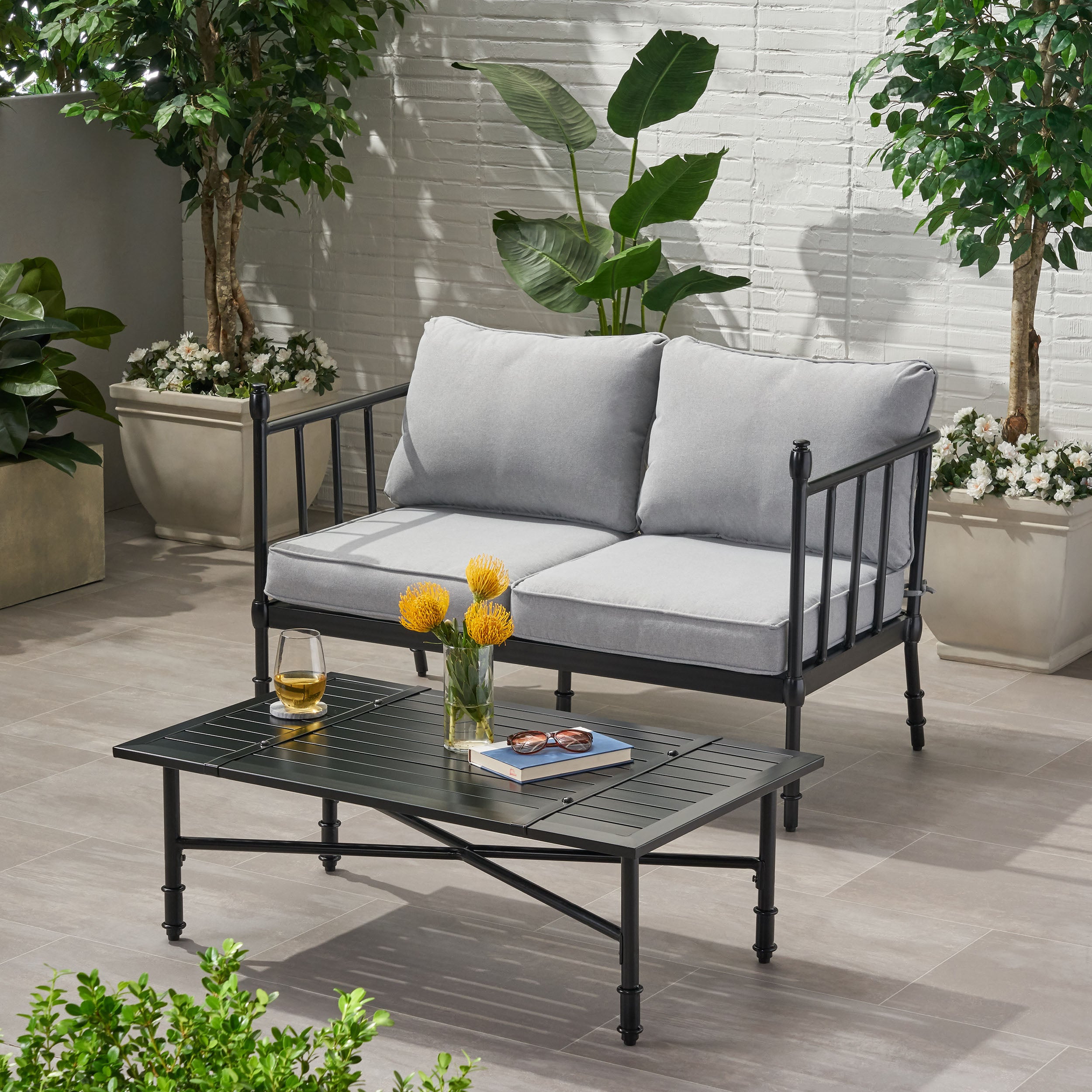 Francis Outdoor Aluminum Loveseat and Coffee Table with Cushions