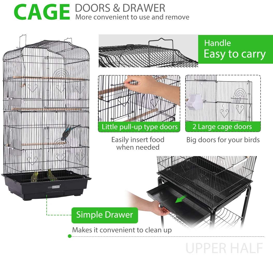 VIVOHOME 59.8 Inch Wrought Iron Bird Cage with Play Top and Rolling Stand for Parrots Conures Lovebird Cockatiel Parakeets