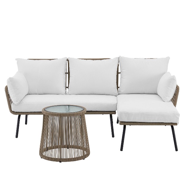 Barton 3 pieces Outdoor Patio Sectional Set Wicker Sectional Sofa Conversation Set Cream beige