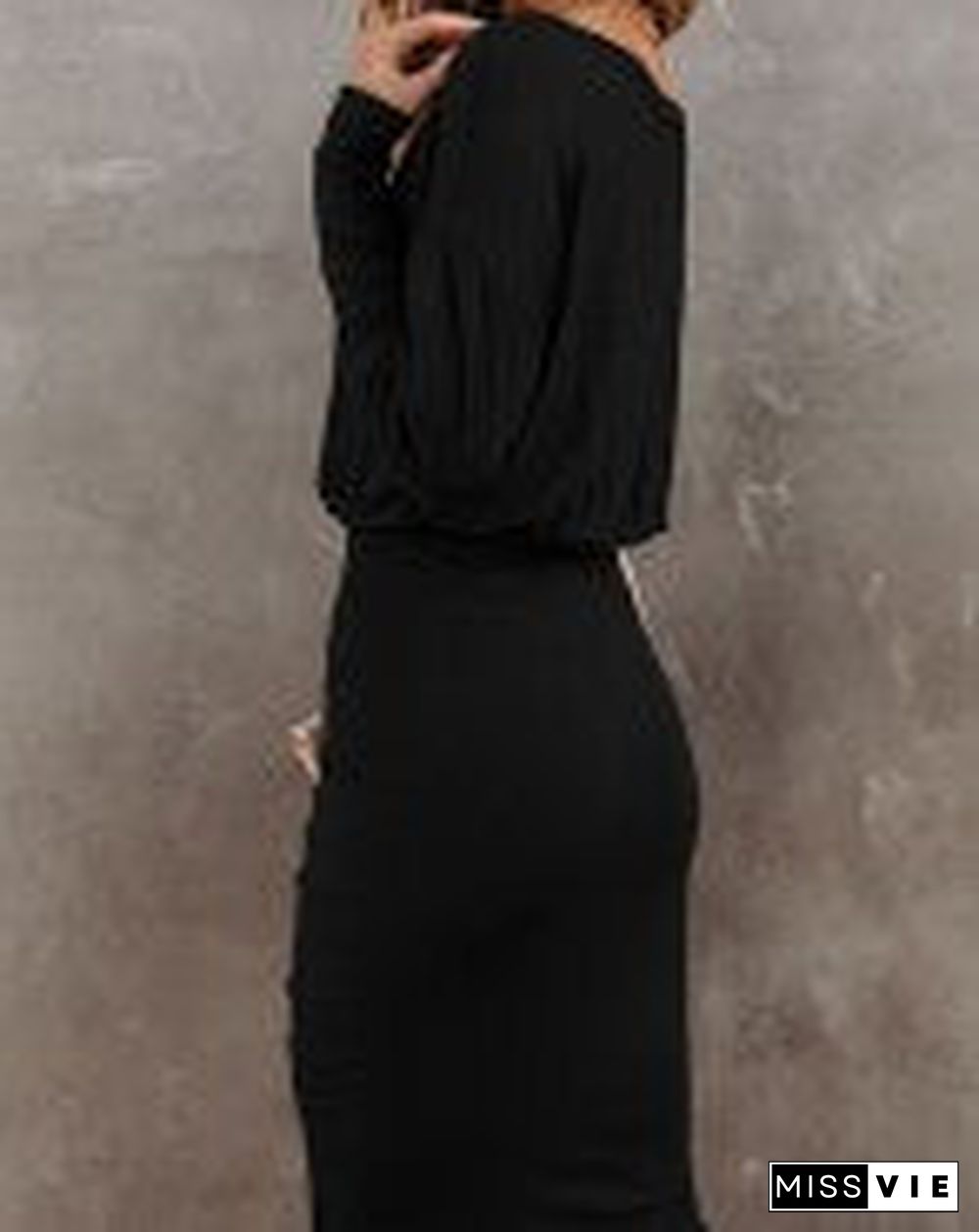 Drop Shoulder Long Sleeve Ruched Skinny Dress Black Dresses