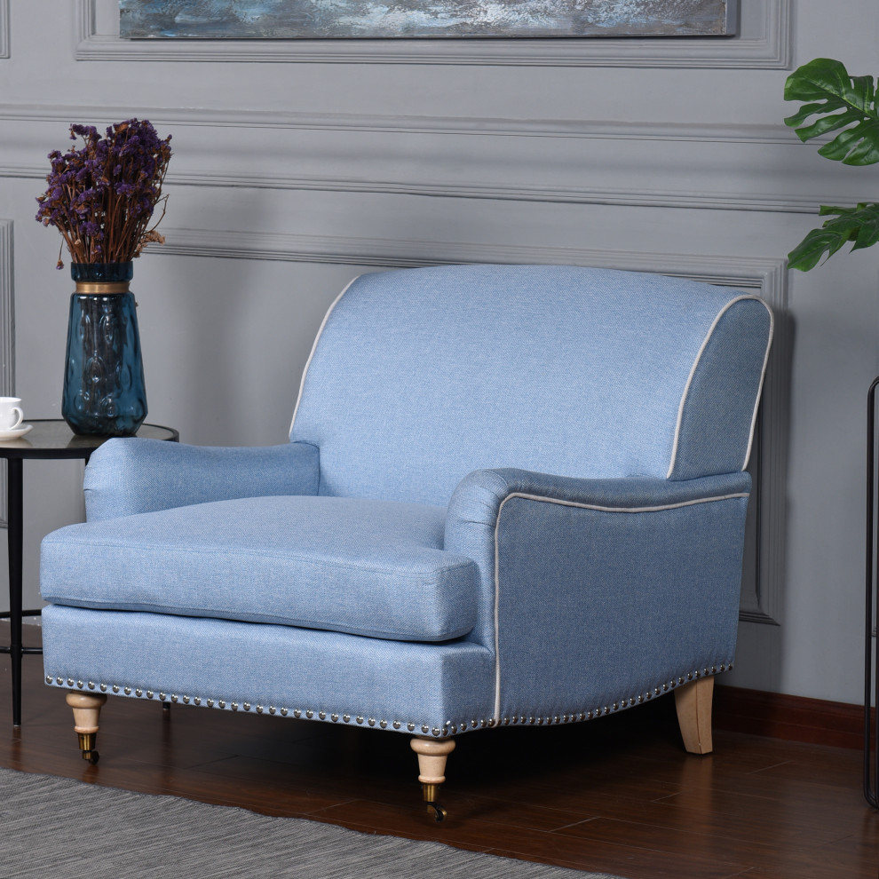 Dann Foley Accent Chair Chambray Blue Upholstery Natural Finish   Traditional   Armchairs And Accent Chairs   by StyleCraft  Houzz