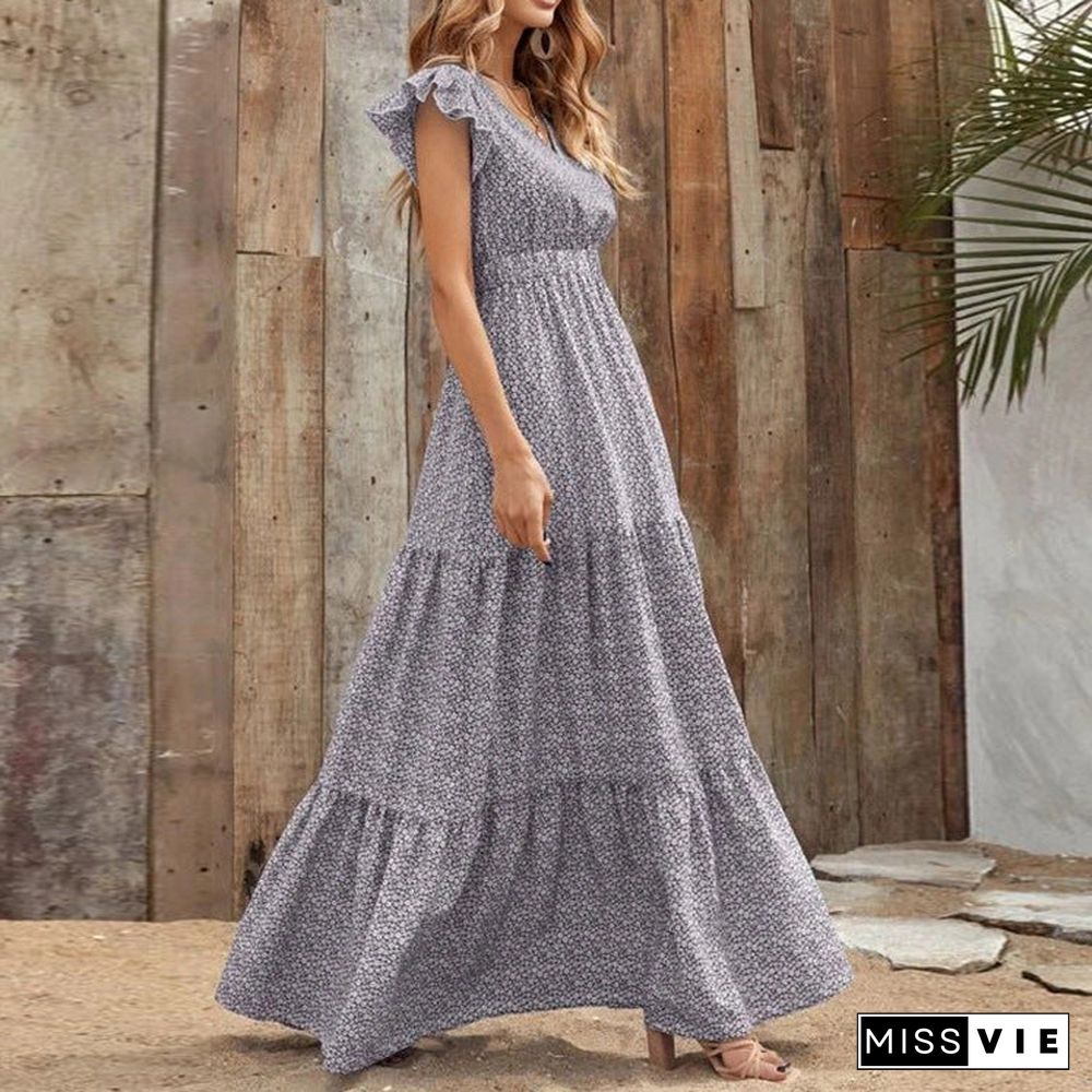 Ruffle Sleeve High Waist V Neck Maxi Dress