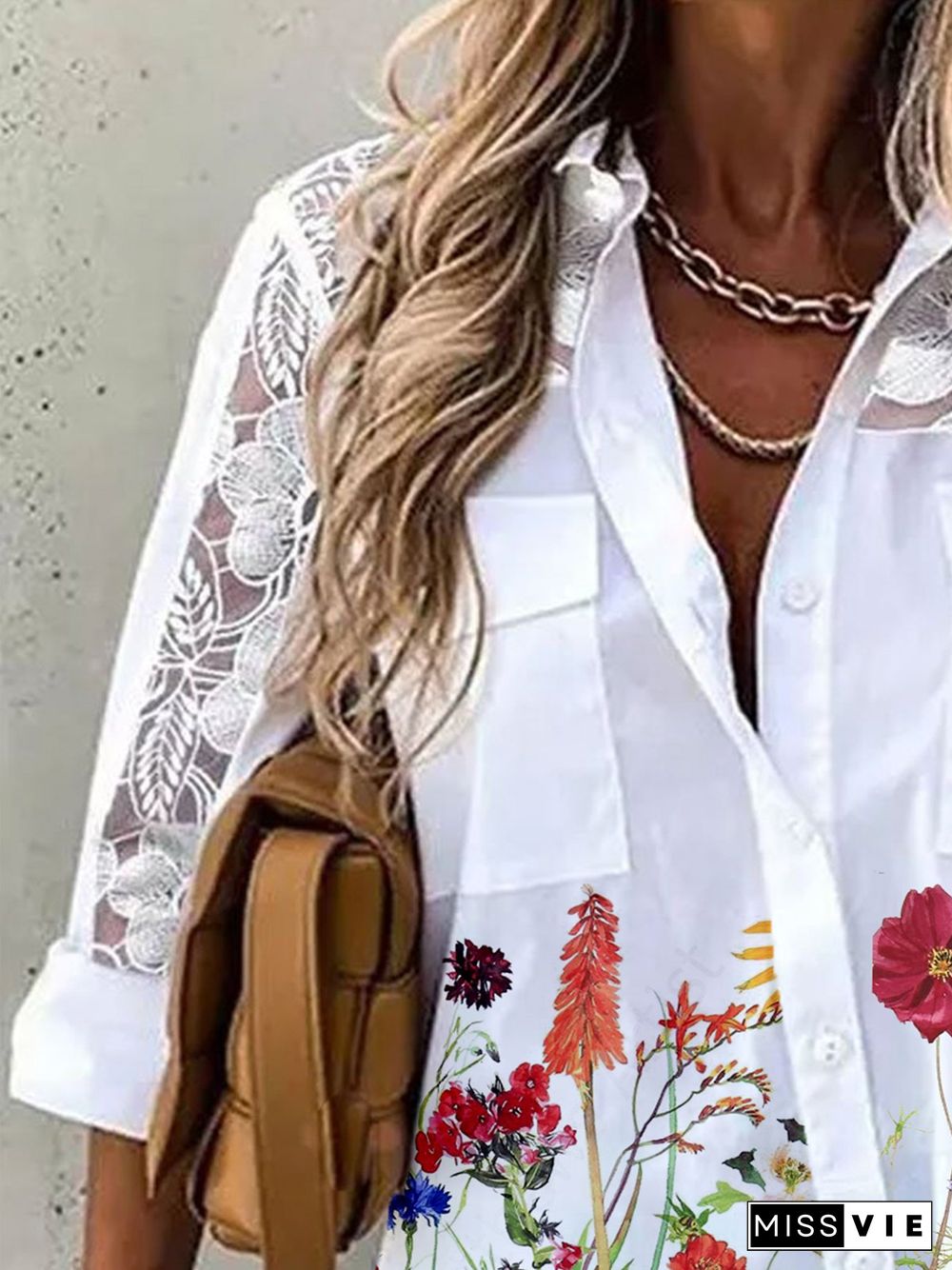 Lace Long Sleeves Floral Printed Pockets Plus Size Casual Shirt Tops