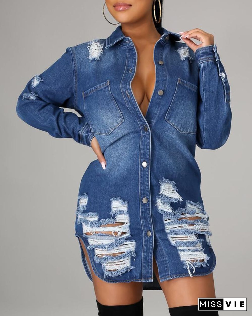 Pocket Design Fringe Hem Cutout Denim Shirt Dress P14085