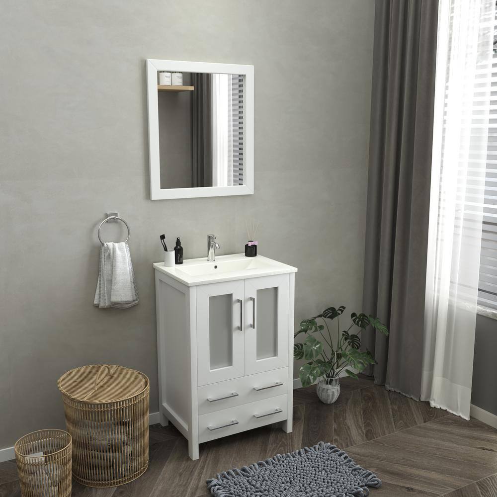 Vanity Art Brescia 24 in. W x 18.1 in. D x 35.8 in. H Single Basin Bathroom Vanity in White with Top in White Ceramic and Mirror VA3024-W