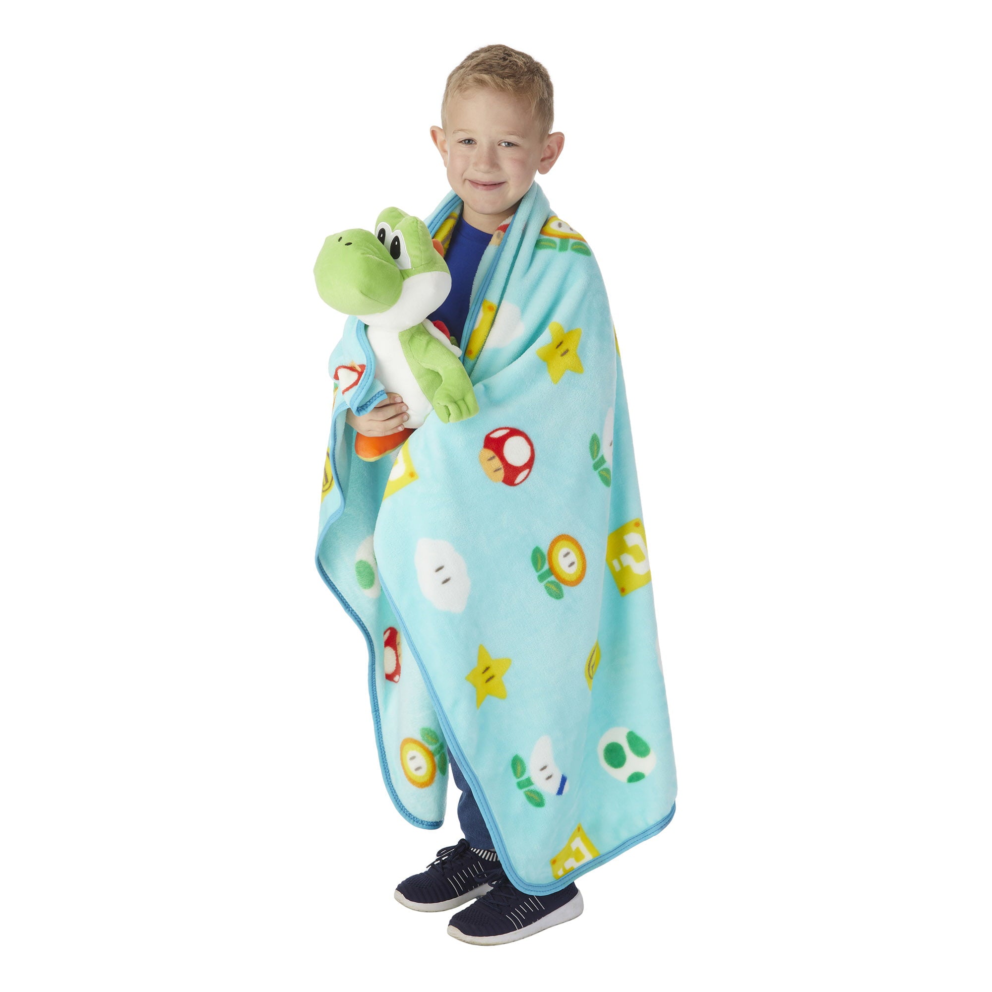 Super Mario Kids Yoshi Hugger Pillow and Fleece Throw Gift Set， 2-Piece， Teal