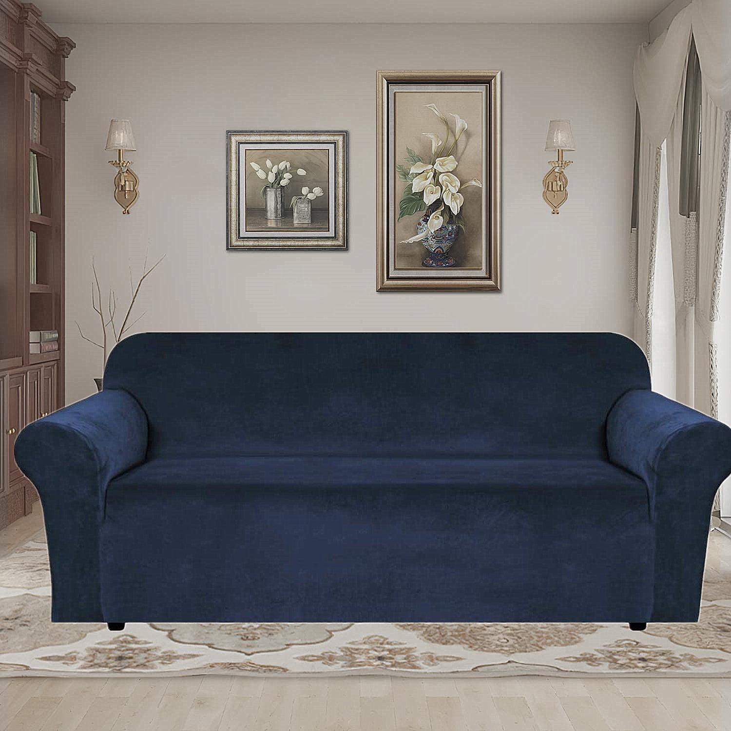 Enova Home Ultra Soft Thick Stretch Velvet Fabric 3 Seater Sofa Slipcovers for 3 Cushion Couch Covers (Dark Blue)