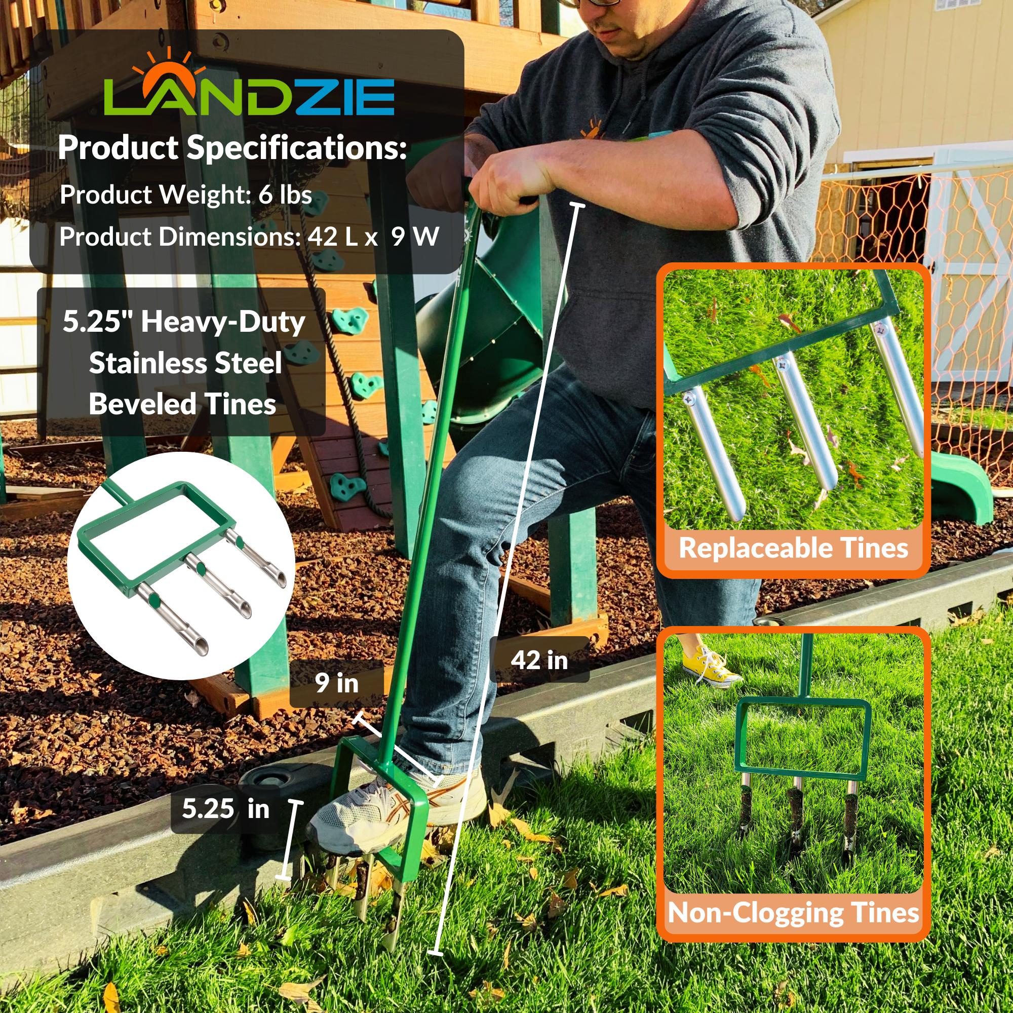 Landzie Hollow Tine Fork Lawn Aerator - 42 Inch Manual Stainless Steel Gardening Hand Tool - Grass Dethatcher Aerator Lawn Tool with Coring Tines for Compacted Soil - Lawn Plugger Aerator