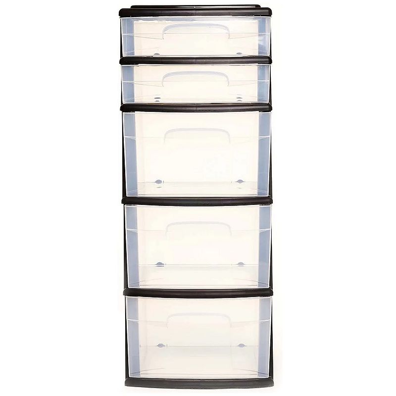 Homz Plastic 5 Clear Drawer Medium Home Storage Container Tower， Black Frame