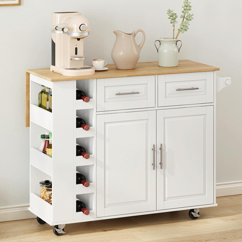 Kitchen Island Cart  2 Door Cabinet  Dual Drawers  Spice Rack  Towel Holder  Wine Rack  Foldable Rubberwood Table