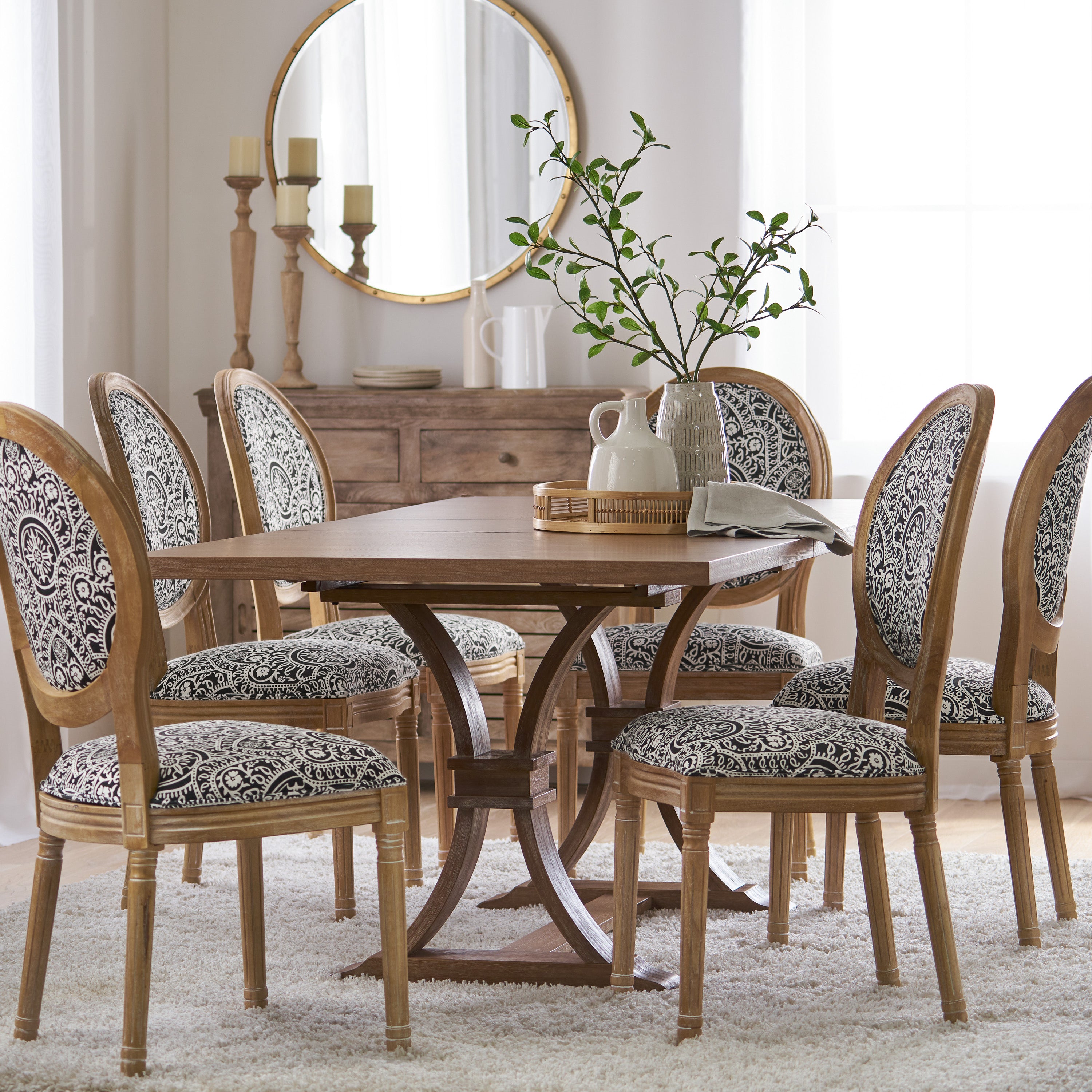 Dason French Country Fabric Upholstered Wood 7 Piece Dining Set