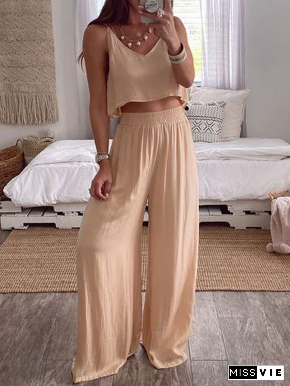 Women'S Sets Sling Crop Top & Wide Leg Pants Two-Piece Set