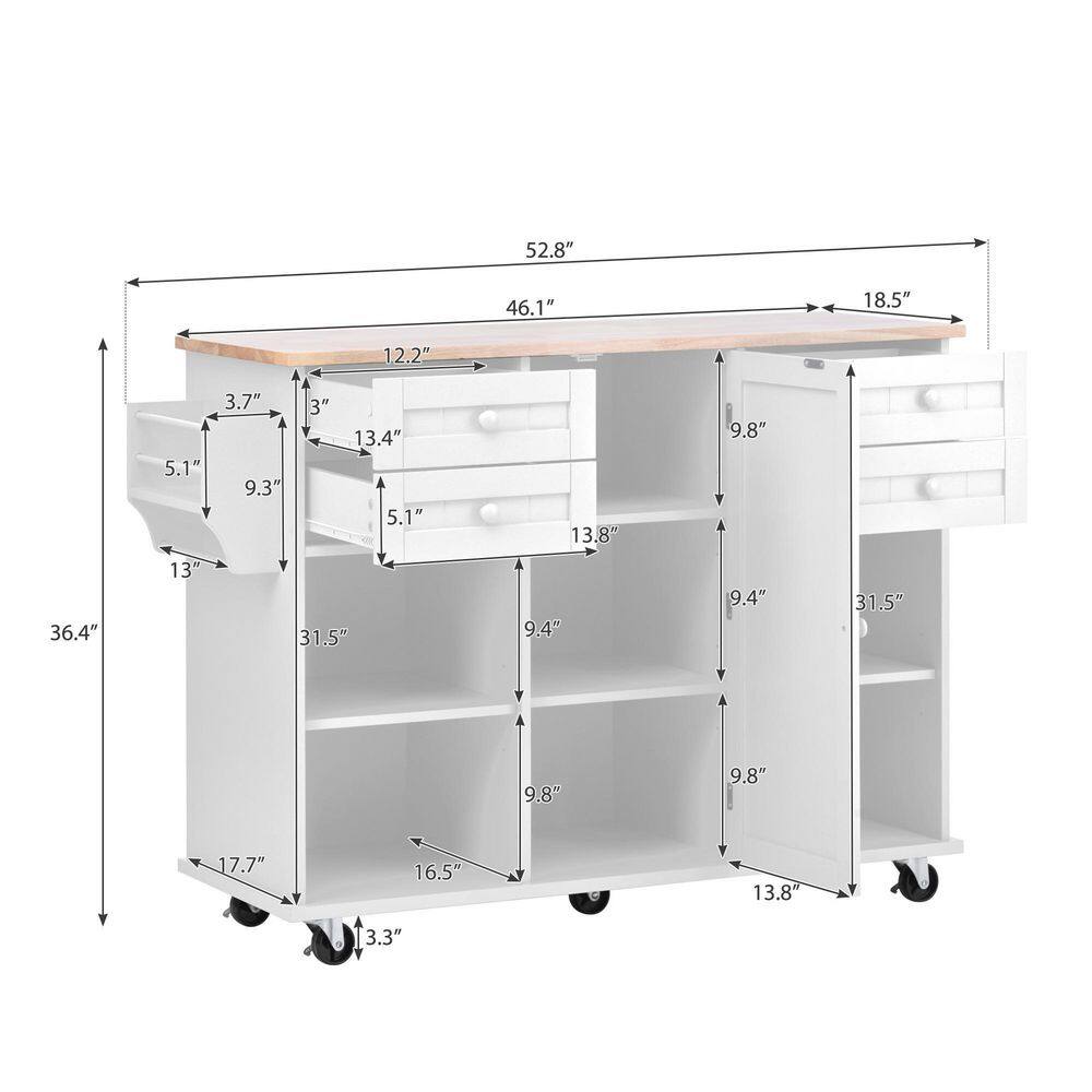 kitchen Island Cart with Spice Rac Towel Rack Drawer Rubber Wood Desktop 5 Wheels Including 4 Lockable Wheels In White KITCHENBLACK09