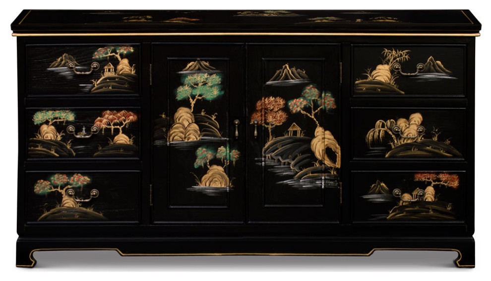 Hand Painted Black Chinoiserie Scenery Motif Oriental Sideboard   Asian   Accent Chests And Cabinets   by China Furniture and Arts  Houzz