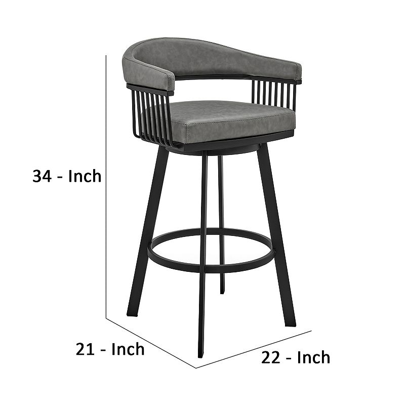 Swivel Barstool with Open Metal Frame and Slatted Arms， Gray and Black