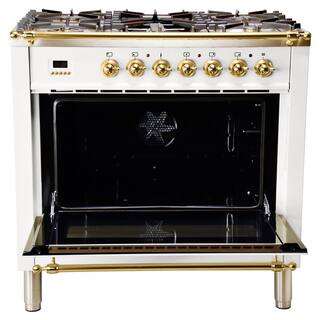 Hallman 36 in. 3.55 cu. ft. Single Oven Dual Fuel Italian Range True Convection 5 Burners Griddle LP Gas Brass Trim in White HDFR36BSWTLP