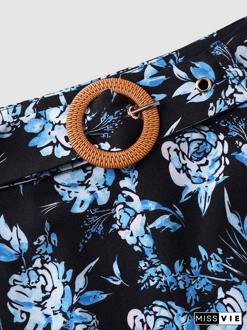 Navy Calico Print Belt Pocket Invisible Zip Elegant Shorts For Women