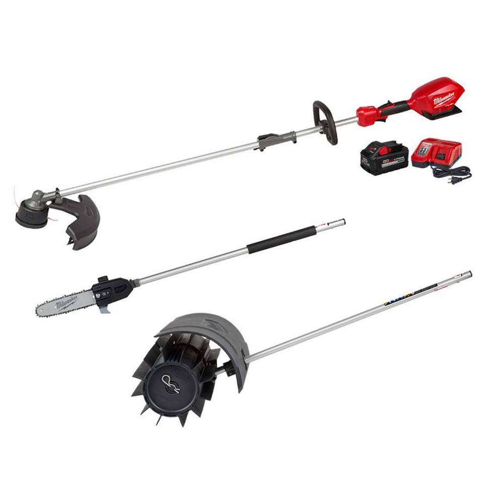 MW M18 FUEL 18V Lithium-Ion Brushless Cordless QUIK-LOK String Trimmer 8Ah Kit wM18 Rubber Broom  Pole Saw Attachments 2825-21ST-49-16-2740-49-16-2720