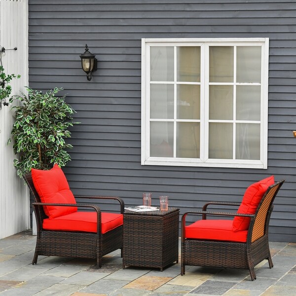 Outsunny 3 Piece PE Rattan Wicker Bistro Set with Cushions，Conversation Furniture Set for Backyard，Garden，Patio