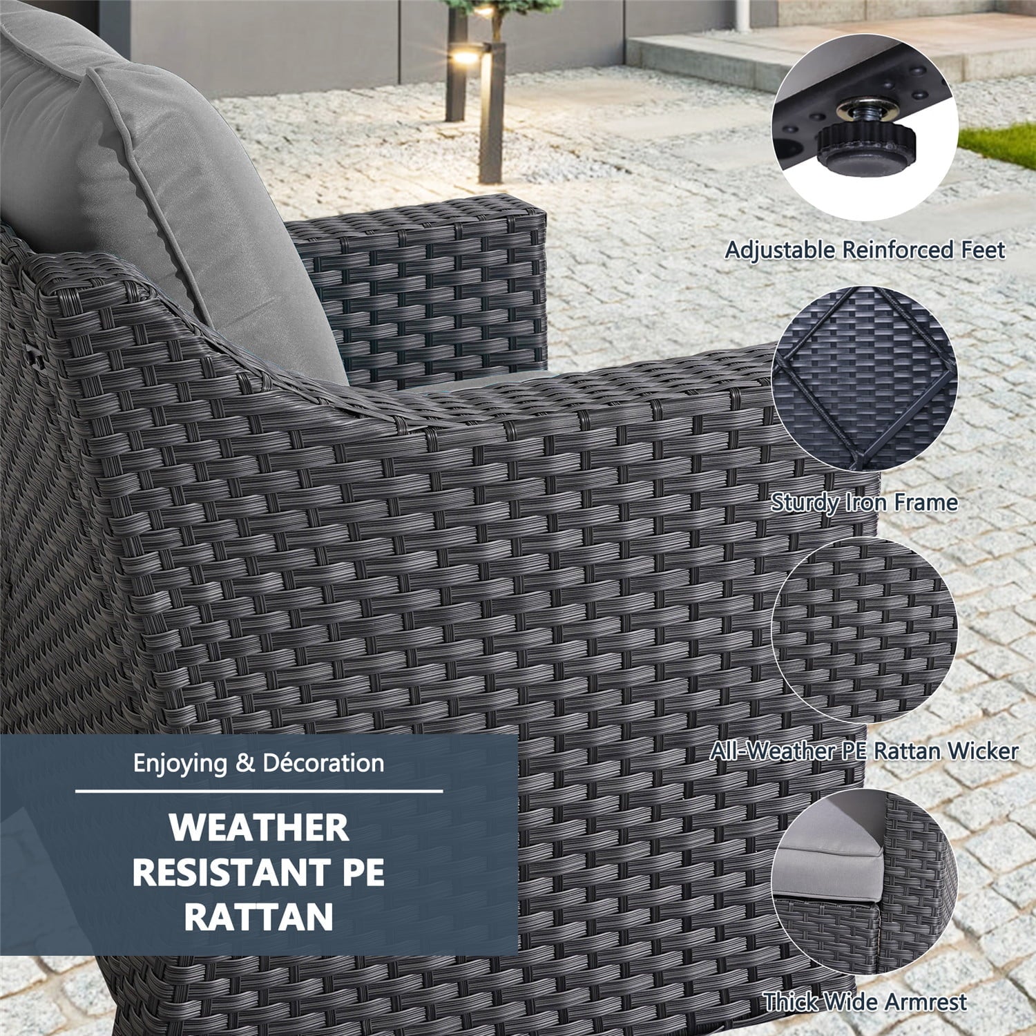 Superjoe 5 Piece Patio Furniture Set, Outdoor Wicker Conversation Sets Rattan Sofa with Glass Table for Garden Deck Porch, Grey Cushions