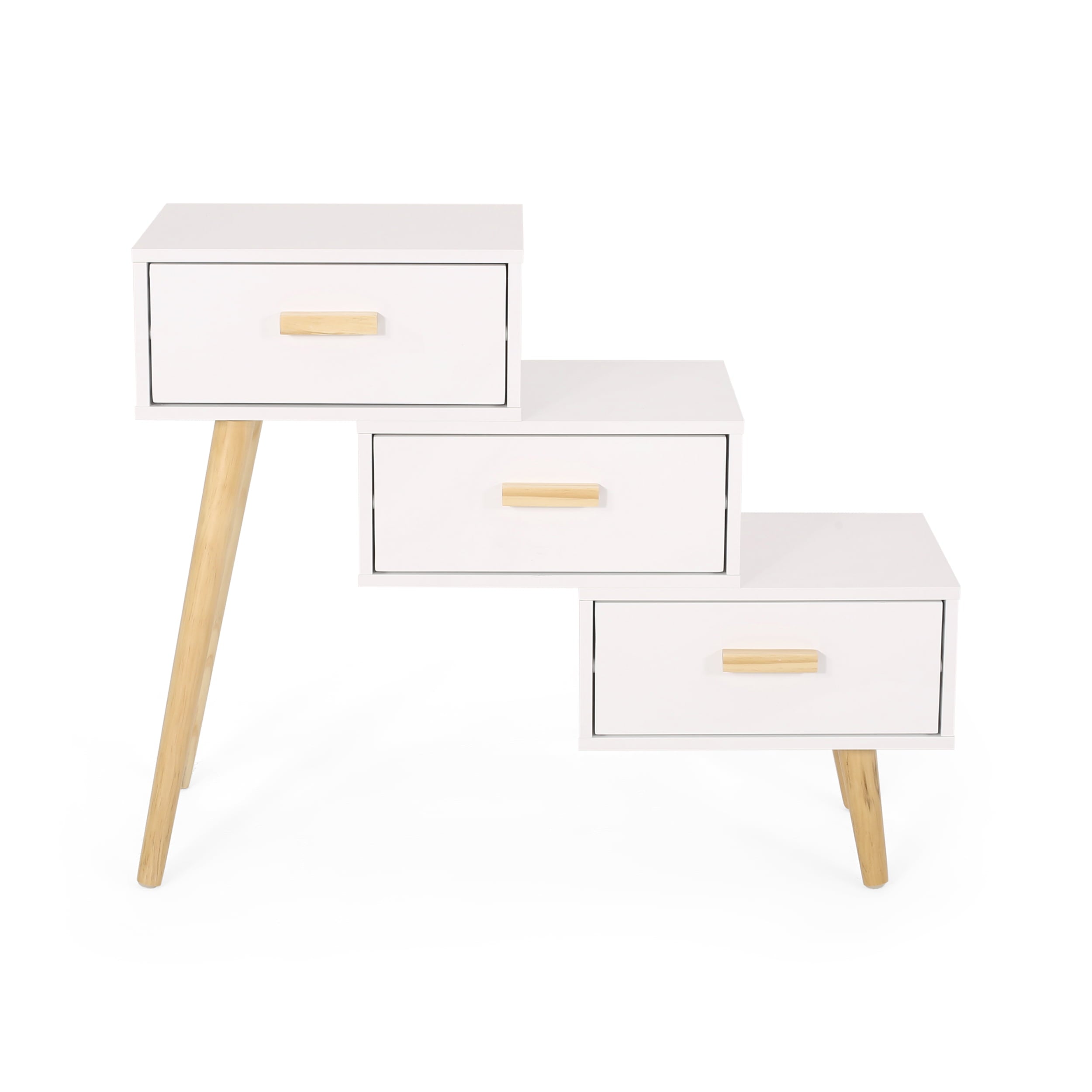 Noble House Vaughn Mid-Century Modern 3 Drawer Tiered Cabinet, Matte White, Natural