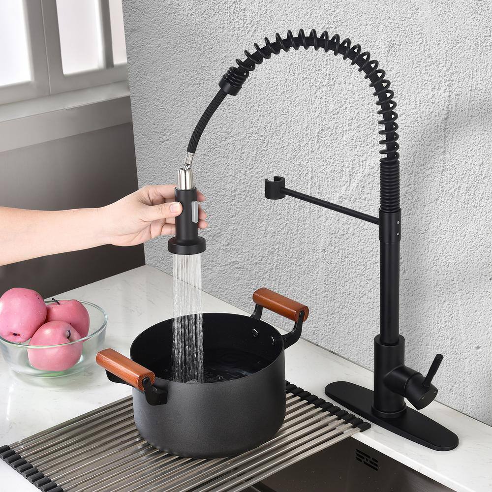 YASINU Single-Handle Deck Mount Pull Down Sprayer Kitchen Faucet with Deckplate Included in Stainless Steel Matte Black YNAB432-MB