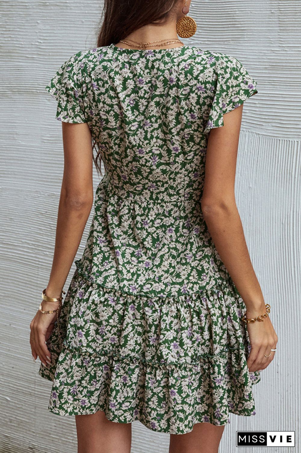 Fashion Elegant Floral Buckle Flounce V Neck A Line Dresses