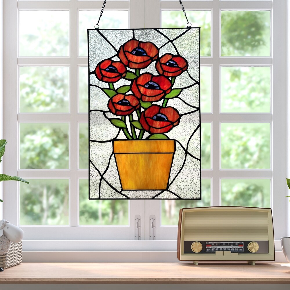 River of Goods Juliet River of Goods 16 Inch Red Flowers in Pot Stained Glass Window Panel   10\