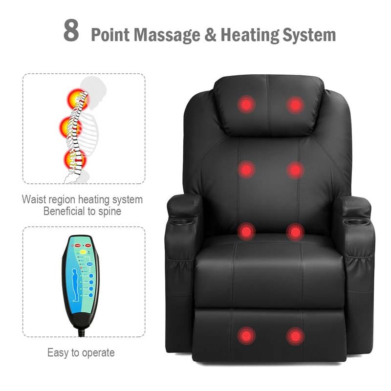 Heated Power Lift Recliner, Elderly Lift Chair, Leather Massage Recliner Sofa with 8 Vibrating Massage Nodes, 3 Side Pockets, 2 Cup Holders