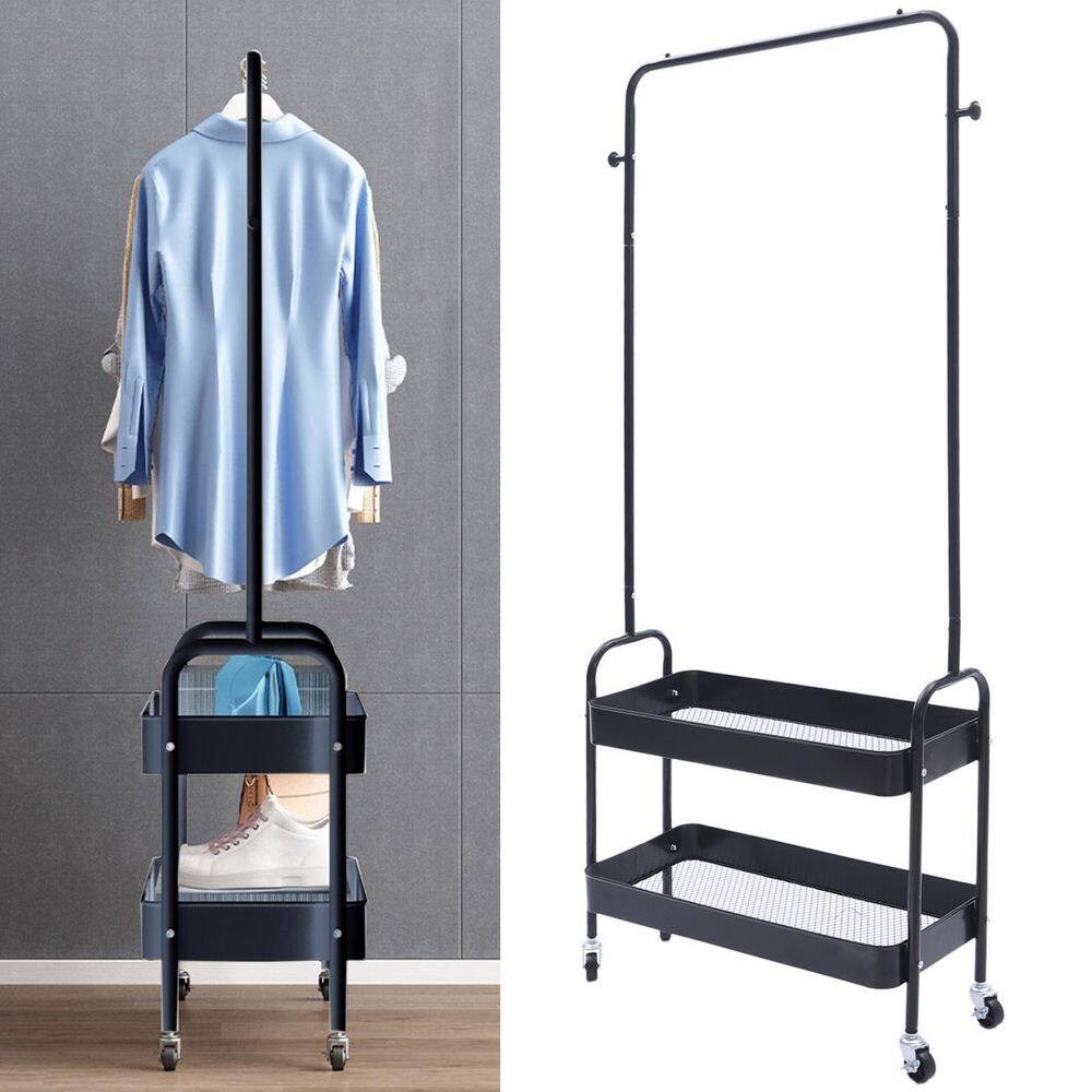 YIYIBYUS 2-Tier Carbon Steel 4-Wheeled 2-In 1 Freestanding Garment Rack in Black HG-WMT-8549