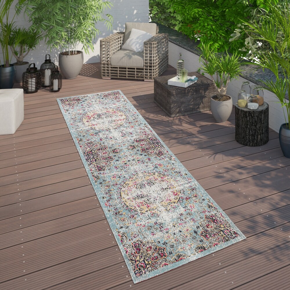 Indoor   Outdoor Rug Oriental Design in Turquoise Pink Yellow Pastel