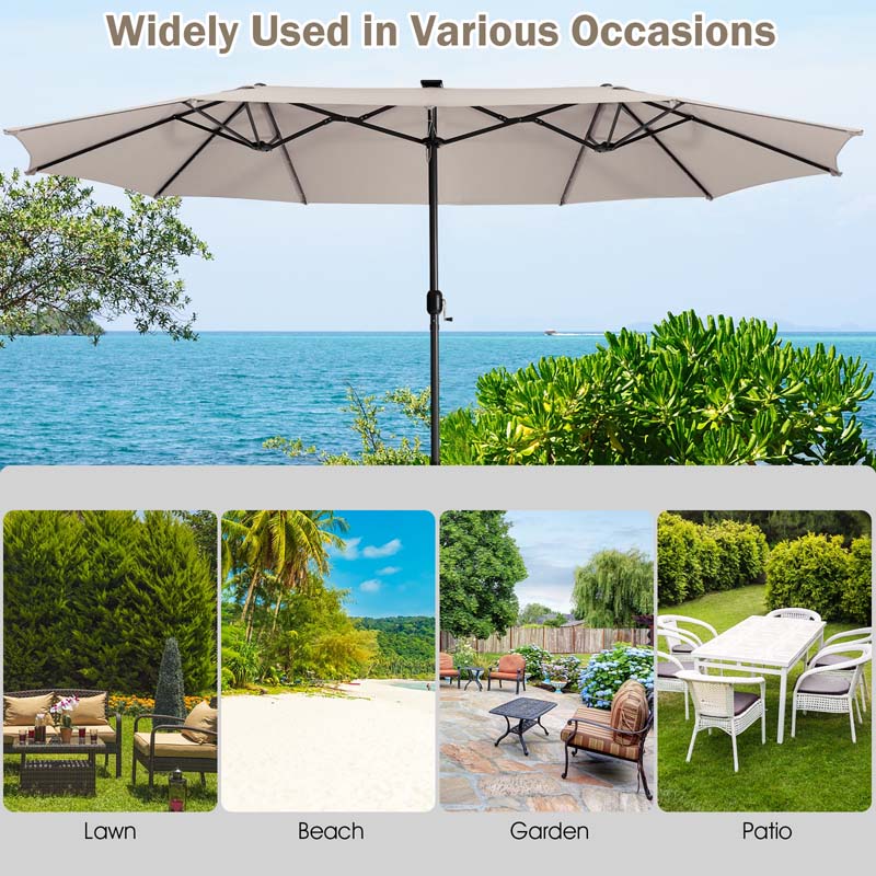 15 FT Double-Sided Patio Umbrella with 48 Solar Lights, Extra-Large Outdoor Twin Market Umbrella with Base