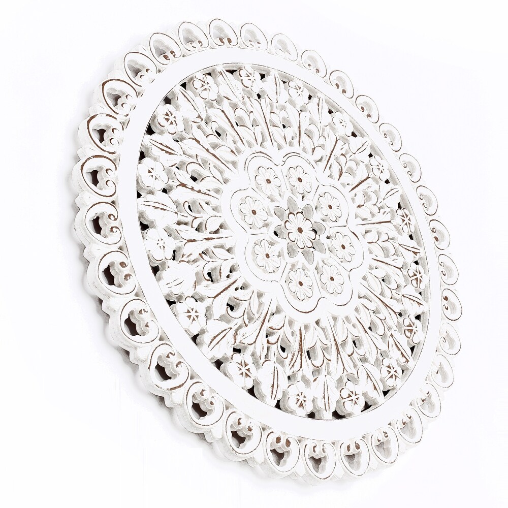 Distressed White Wood Flower Round Wall Art Decor