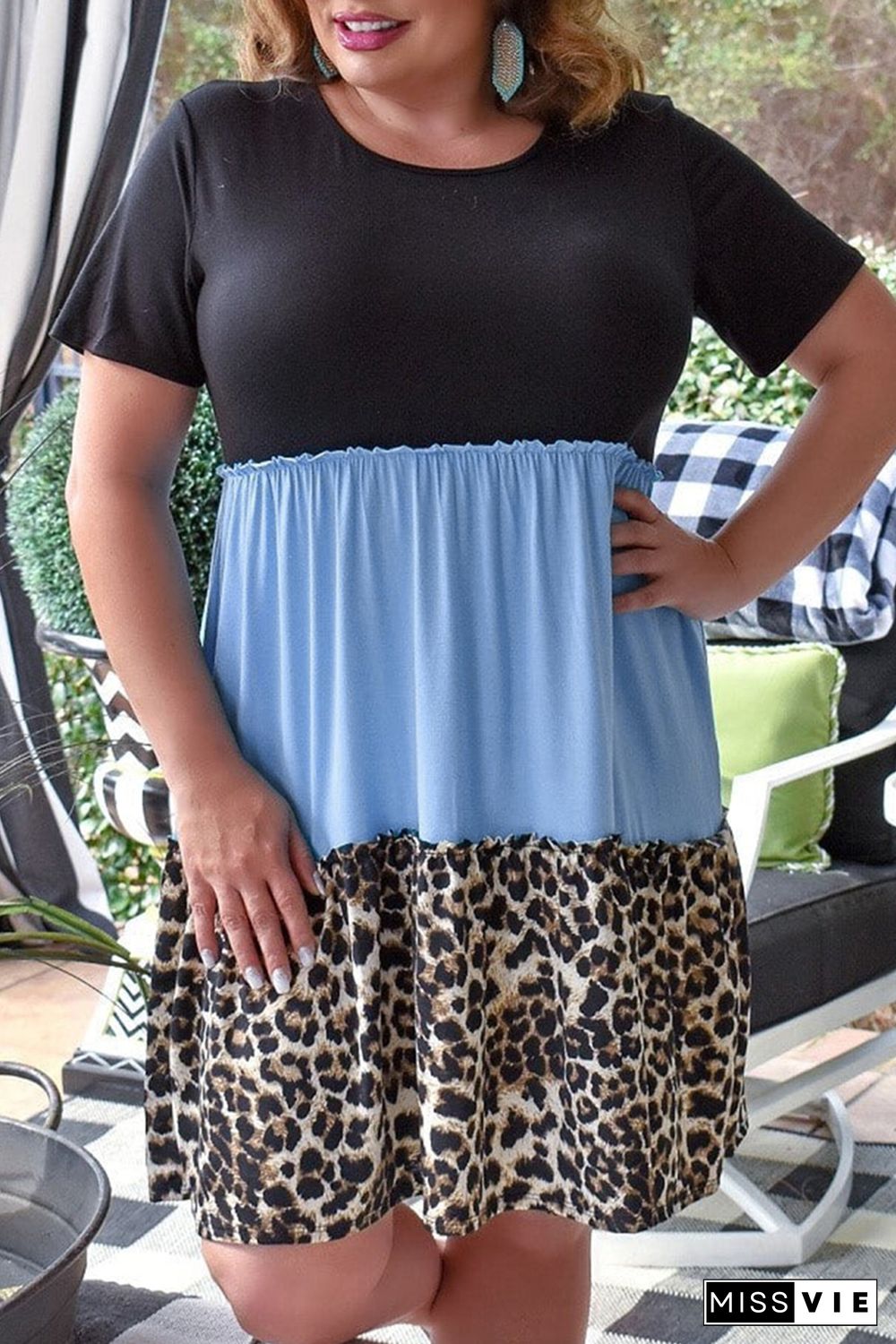 Sky Blue Colorblock Leopard Patchwork T Shirt Plus Size Dress