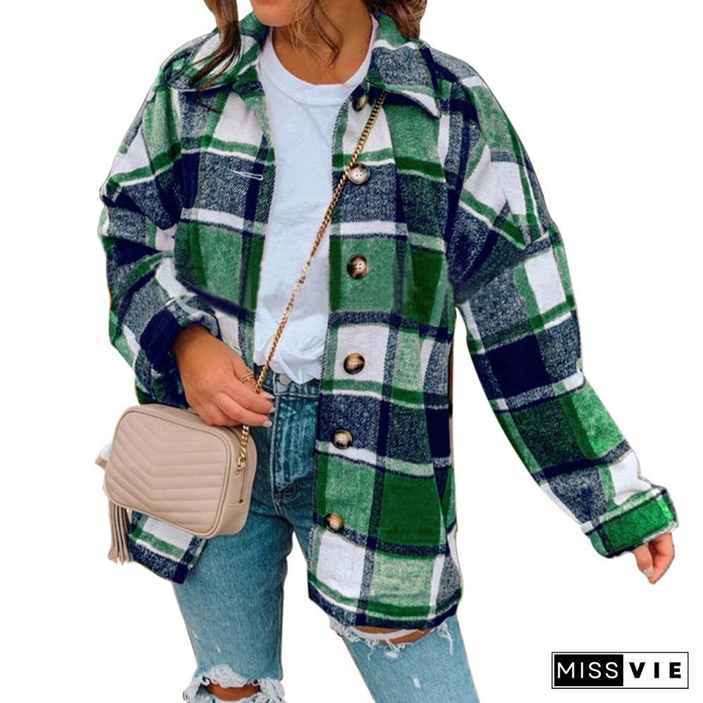 Hot Sale Women Fashion Plaid Shirt Jackets Turn-down Collar Autumn Oversized Jacket Fashion Loose Coat Streetwear Female Outwear