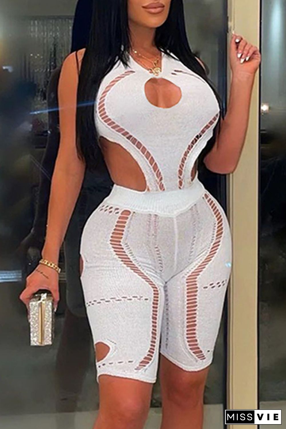 White Sexy Solid Hollowed Out Patchwork O Neck Skinny Rompers