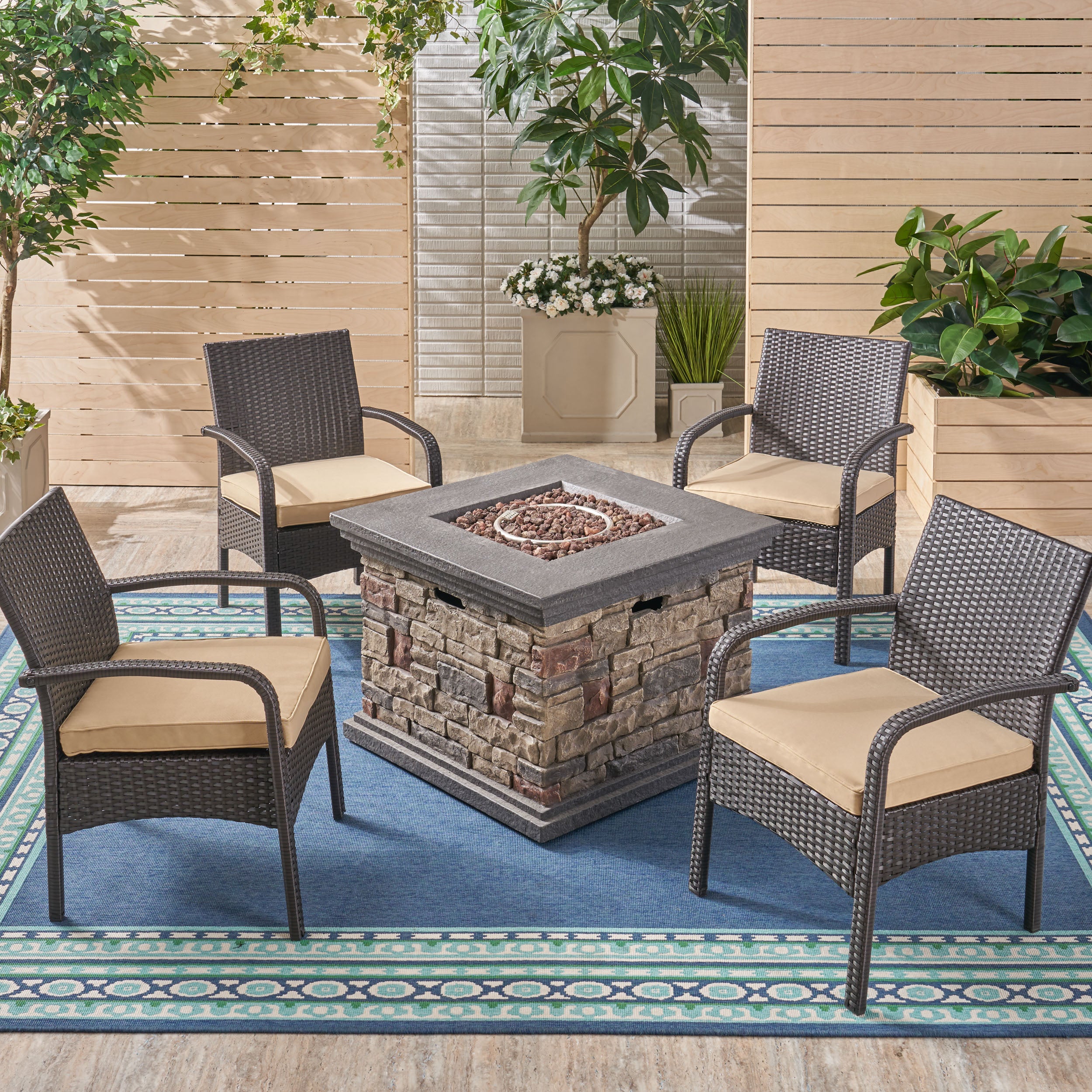 Meroy Patio Fire Pit Set, 4-Seater with Club Chairs, Wicker with Outdoor Cushions