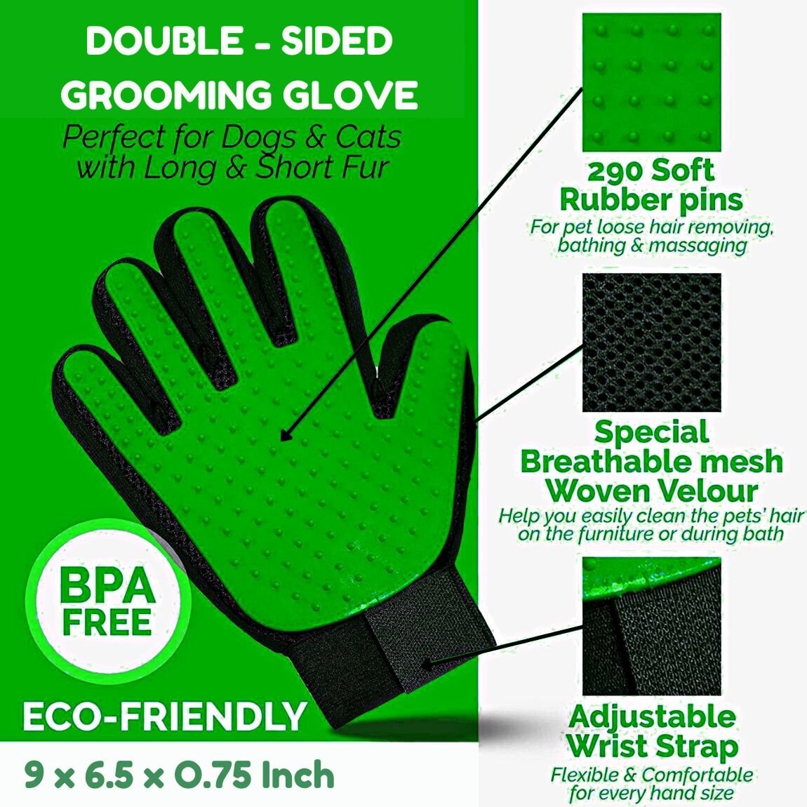 Petsonik Double Sided Dog Grooming Glove， Green