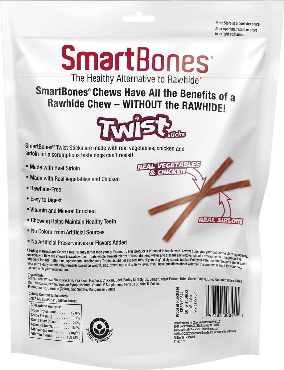 SmartBones Sirloin Twistz Sirloin Dog Treats， 50 count