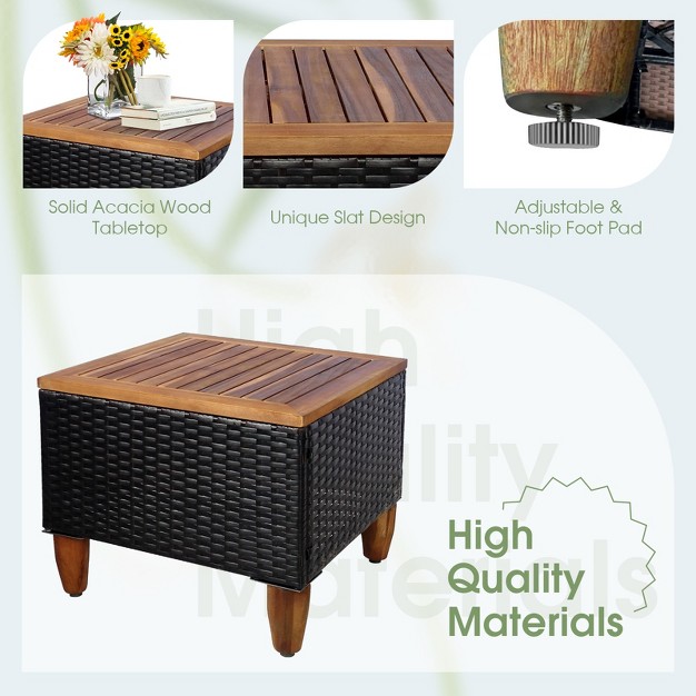 Tangkula 3 Pieces Outdoor Rattan Furniture Set Wicker Bistro Set Wooden Table Top With Cushions