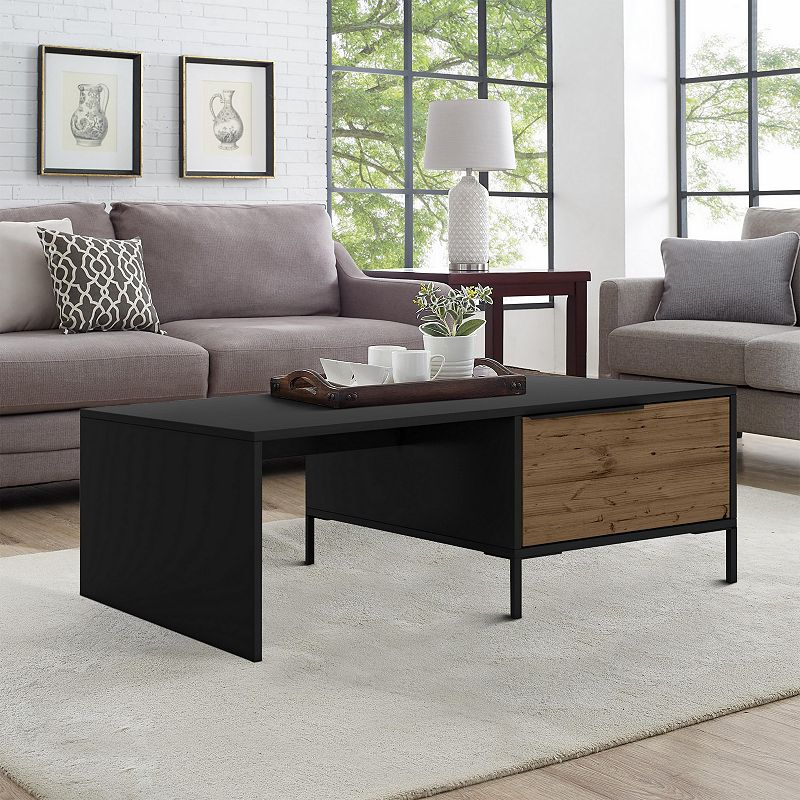 Wood and Metal Rectangular Accent Coffee Table with Drawer， Brown and Black