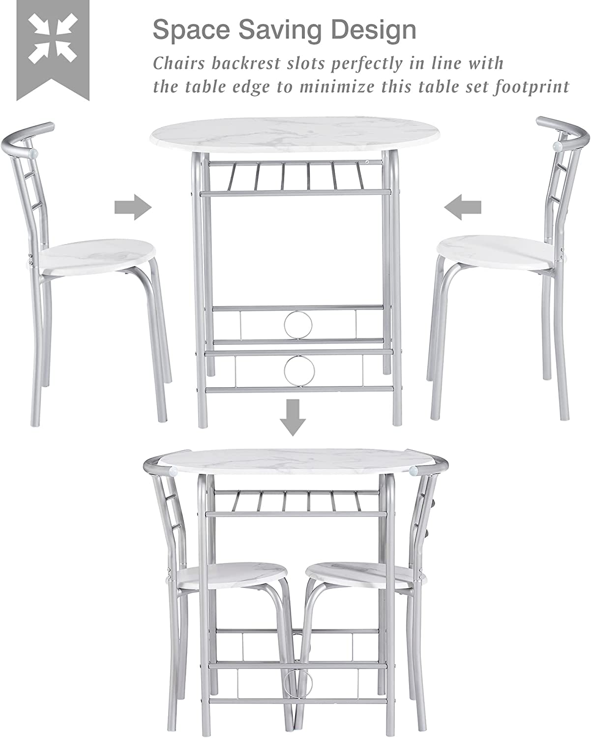 VECELO 3 Piece Small Round Dining Table Set for Kitchen Breakfast Nook， Wood Grain Tabletop with Wine Storage Rack， Save Space， 31.5， White and Silver