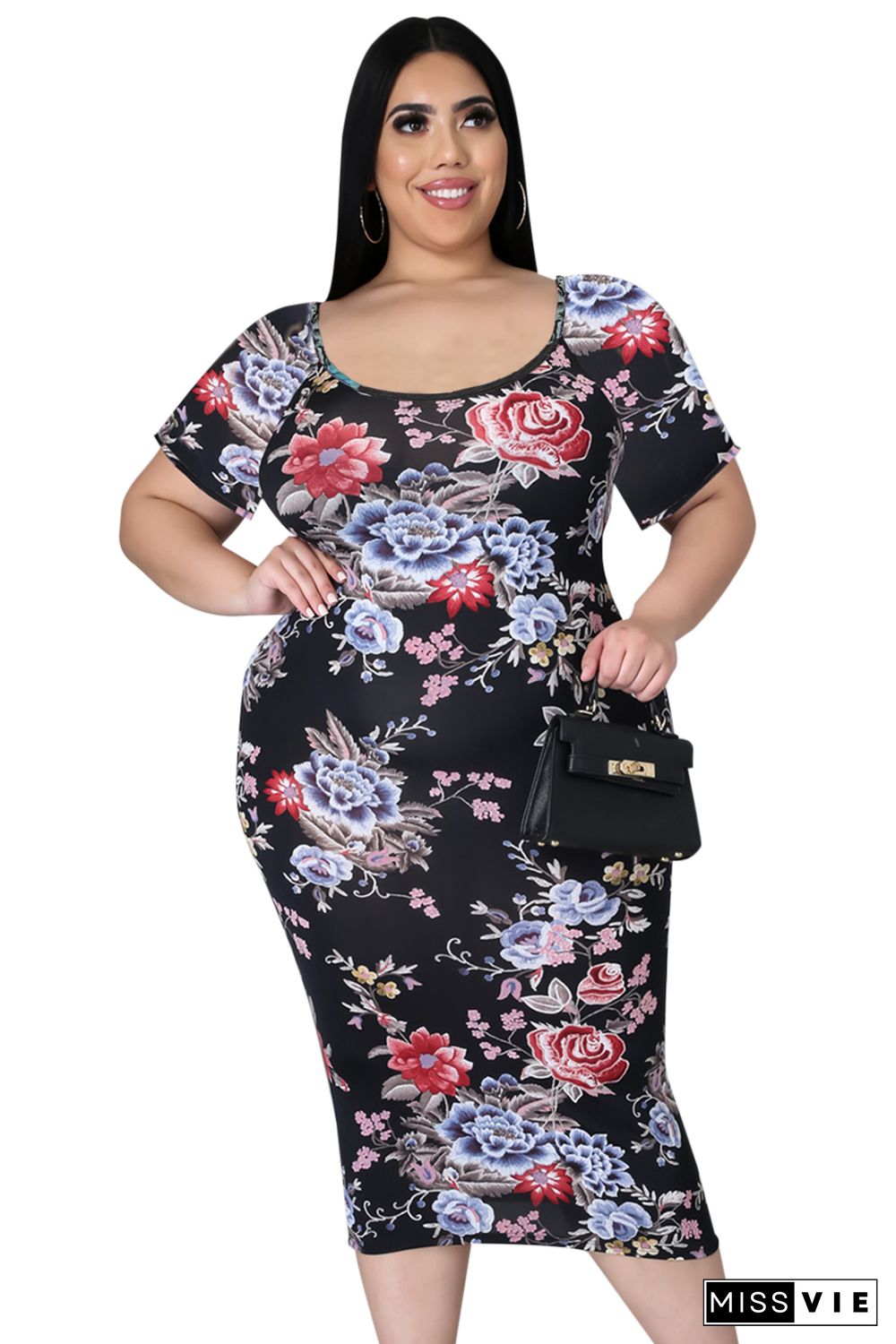 Black Plus Size Floral Short Sleeve Slim Fit Midi Dress