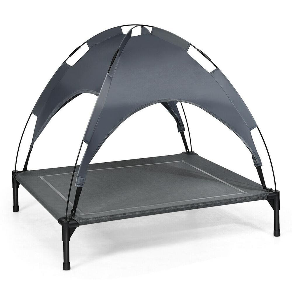 WELLFOR 41.5 in. Extra-Large Gray Metal Bed Portable Outdoor Elevated Pet Bed Cooling Dog Cot with Removable Canopy Shade PS-HWY-7353-XL