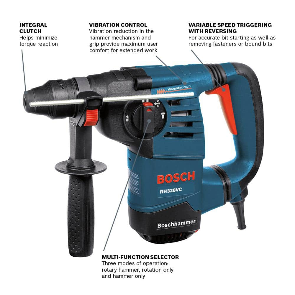 Bosch 8 Amp 1-1/8 in. Corded Variable Speed SDS-Plus Concrete/Masonry Rotary Hammer Drill with Depth Gauge and Carrying Case RH328VC