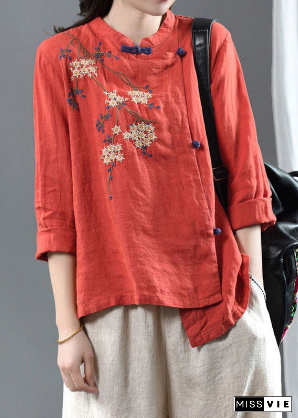 Plus Size Orange O-Neck Asymmetrical Design Button Embroideried Linen Top Long Sleeve