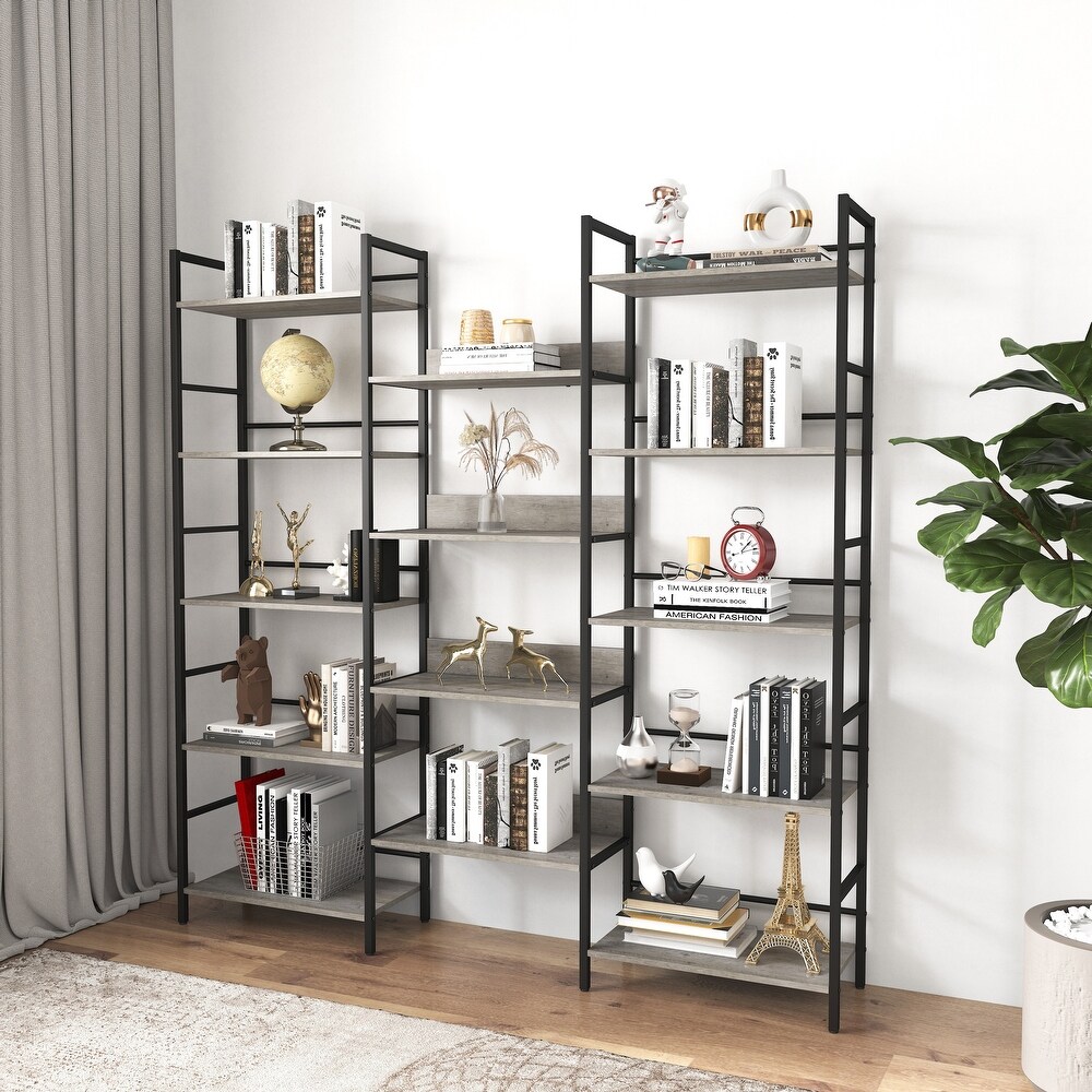 Triple Wide 5 shelf Bookshelves Retro Wooden Style Home and Office Large Open Display Shelf 69.3''W x 11.8''D x 70.1''H