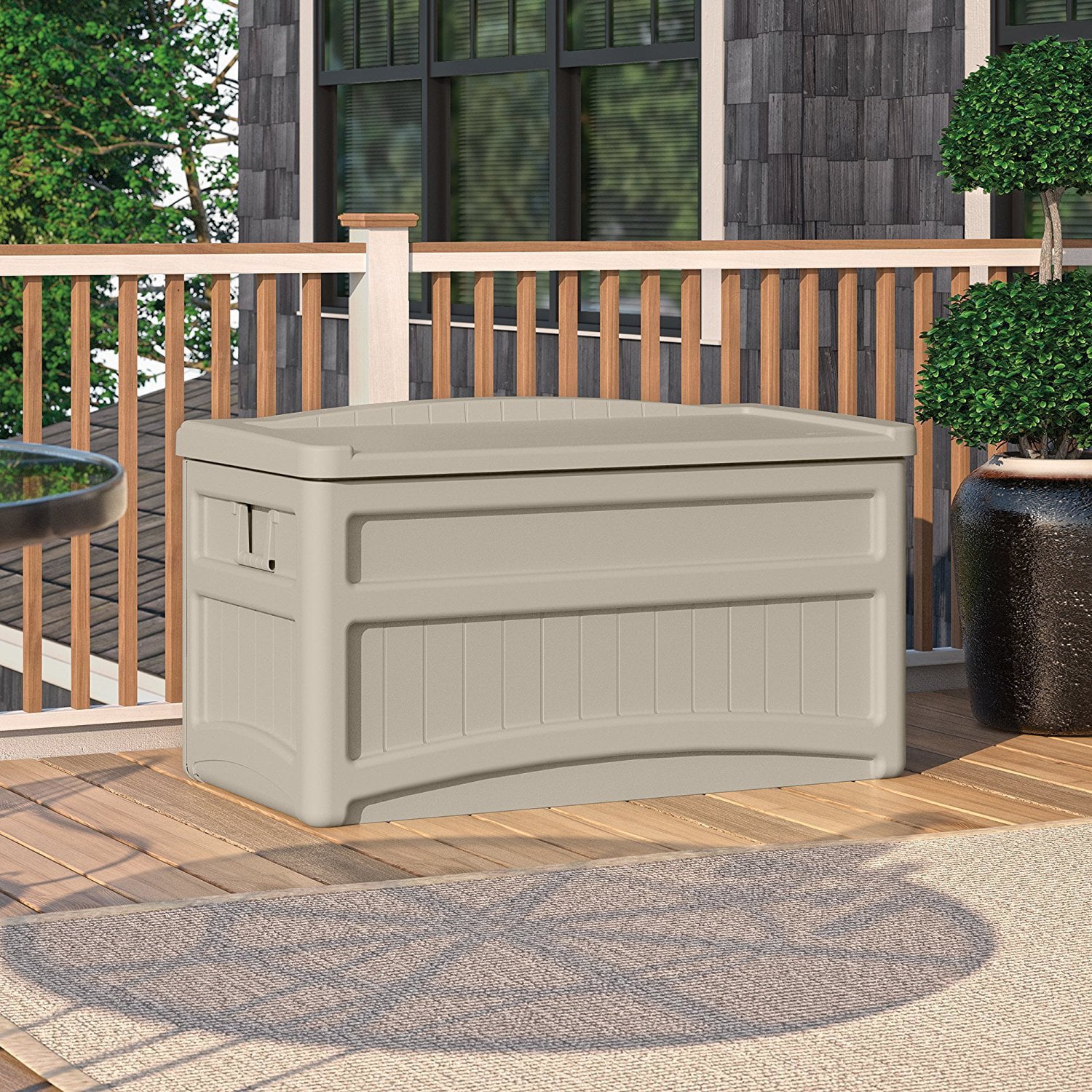 Suncast 73 Gallon Resin Deck Box with Seat, Light Taupe