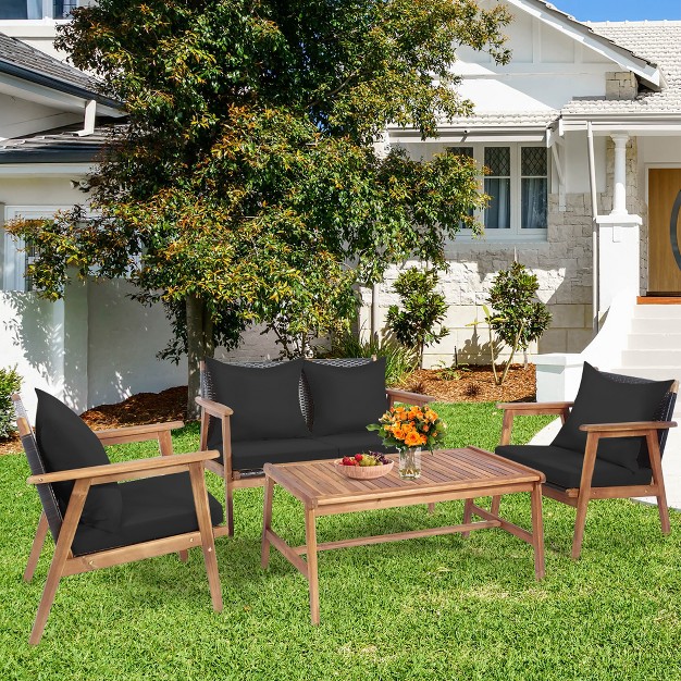 Costway 8pcs Patio Rattan Furniture Set Wooden Cushioned Sofa With Black amp Turquoise Cover