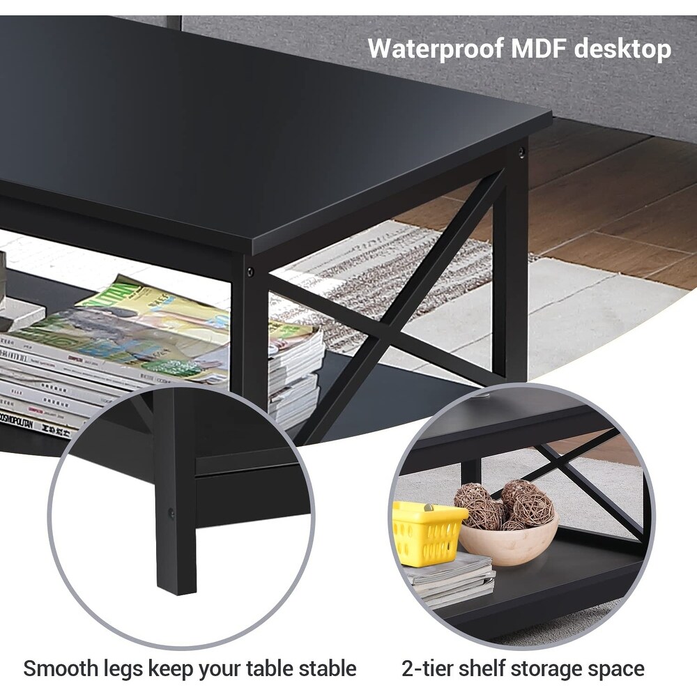 Wood 2 Tier Coffee Table End Table with Storage Shelf